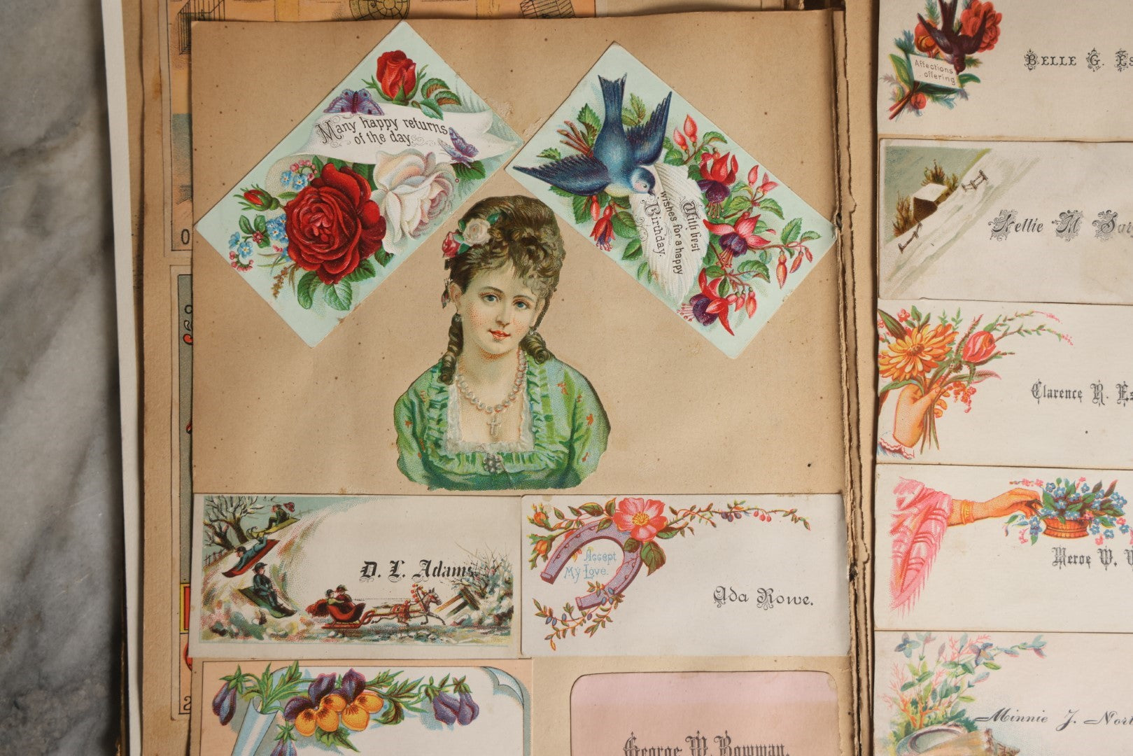 Lot 028 - Antique Victorian Trade Card Scrapbook Album With Woman In Red On Cover, Containing Many Scraps Including Rat Poison, Calling Card, Frogs, And More.