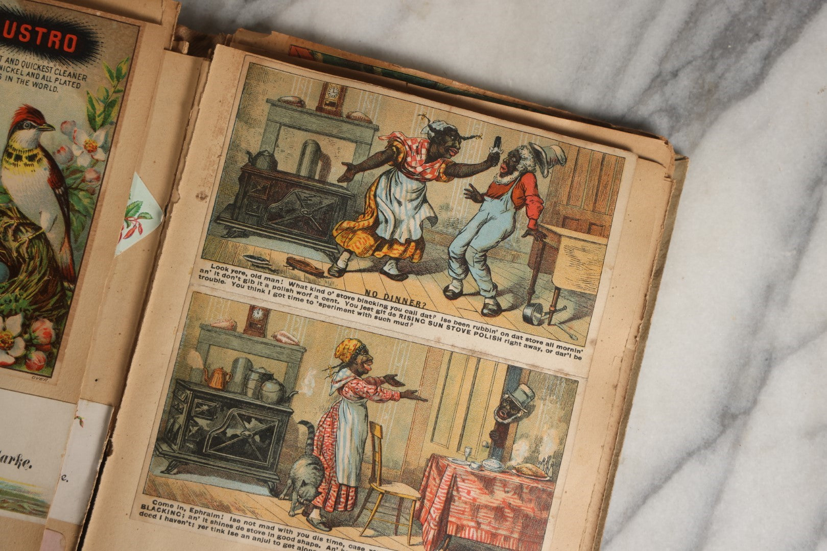 Lot 028 - Antique Victorian Trade Card Scrapbook Album With Woman In Red On Cover, Containing Many Scraps Including Rat Poison, Calling Card, Frogs, And More.