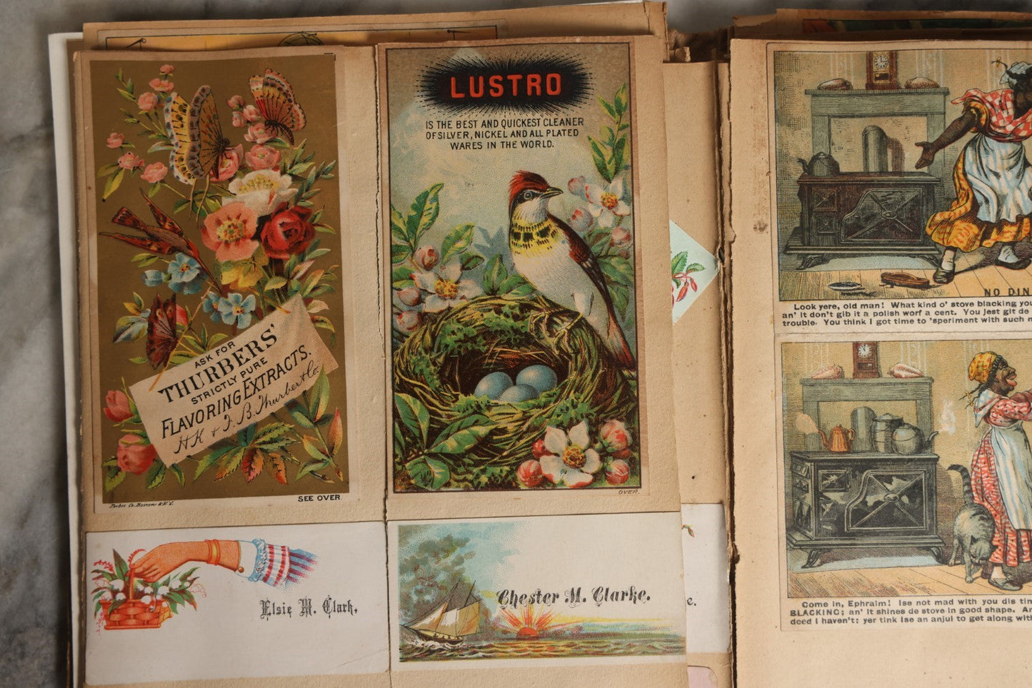 Lot 028 - Antique Victorian Trade Card Scrapbook Album With Woman In Red On Cover, Containing Many Scraps Including Rat Poison, Calling Card, Frogs, And More.