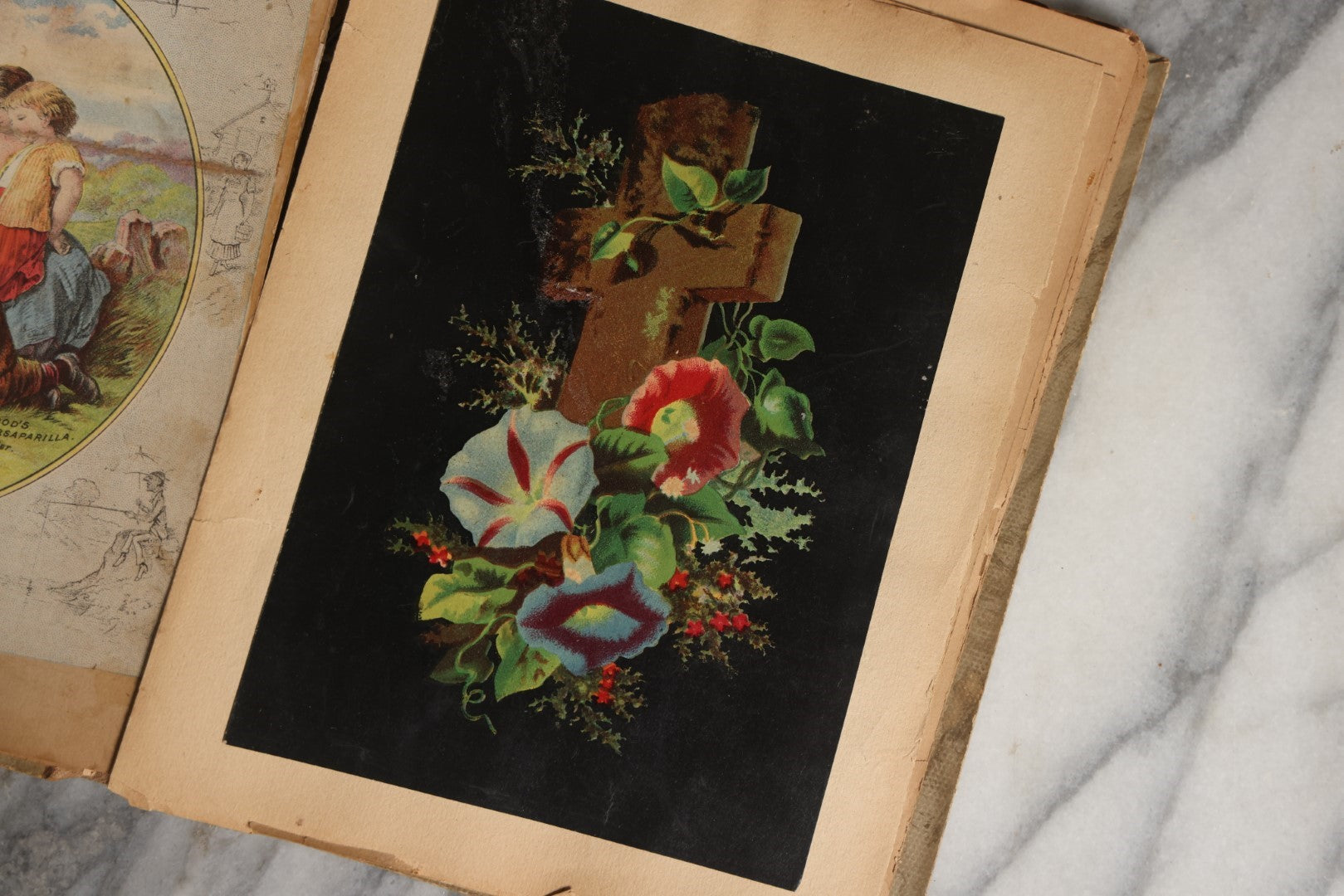 Lot 028 - Antique Victorian Trade Card Scrapbook Album With Woman In Red On Cover, Containing Many Scraps Including Rat Poison, Calling Card, Frogs, And More.