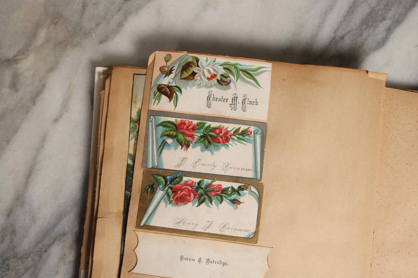 Lot 028 - Antique Victorian Trade Card Scrapbook Album With Woman In Red On Cover, Containing Many Scraps Including Rat Poison, Calling Card, Frogs, And More.