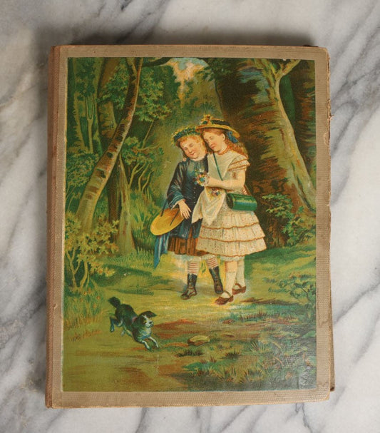 Lot 029 - Antique Victorian Trade Card Scrapbook Album With Two Girls And Puppy On Cover, Containing Many Scraps Including Rat Poison, Calling Card, Frogs, And More