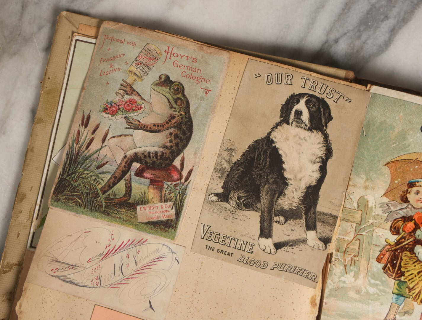 Lot 029 - Antique Victorian Trade Card Scrapbook Album With Two Girls And Puppy On Cover, Containing Many Scraps Including Rat Poison, Calling Card, Frogs, And More