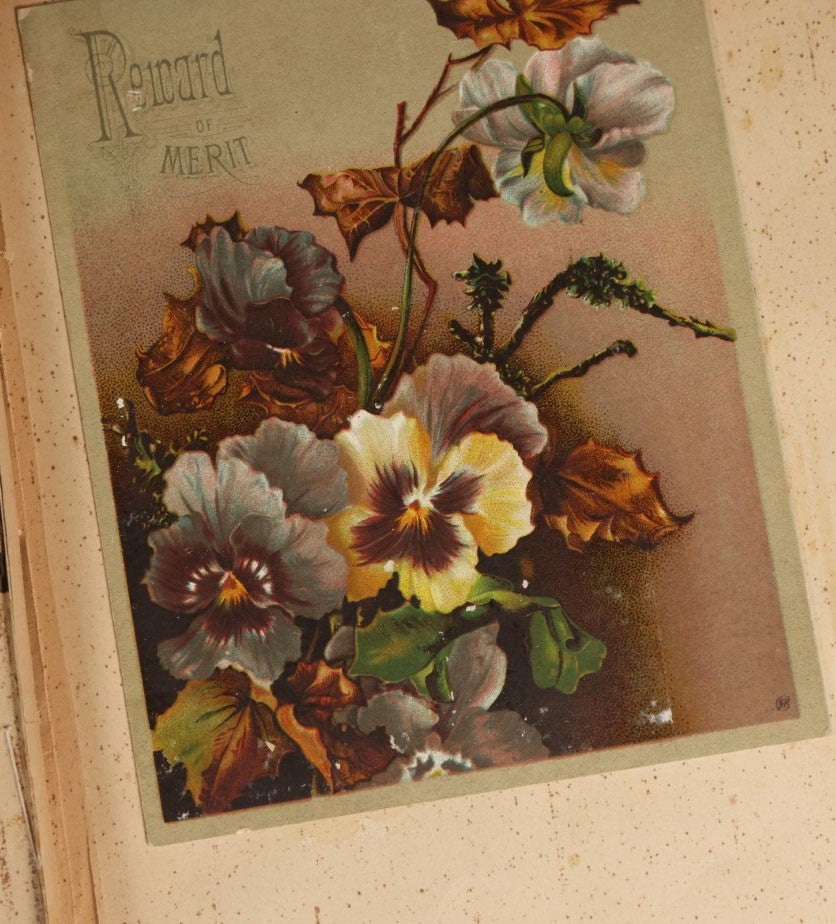 Lot 029 - Antique Victorian Trade Card Scrapbook Album With Two Girls And Puppy On Cover, Containing Many Scraps Including Rat Poison, Calling Card, Frogs, And More