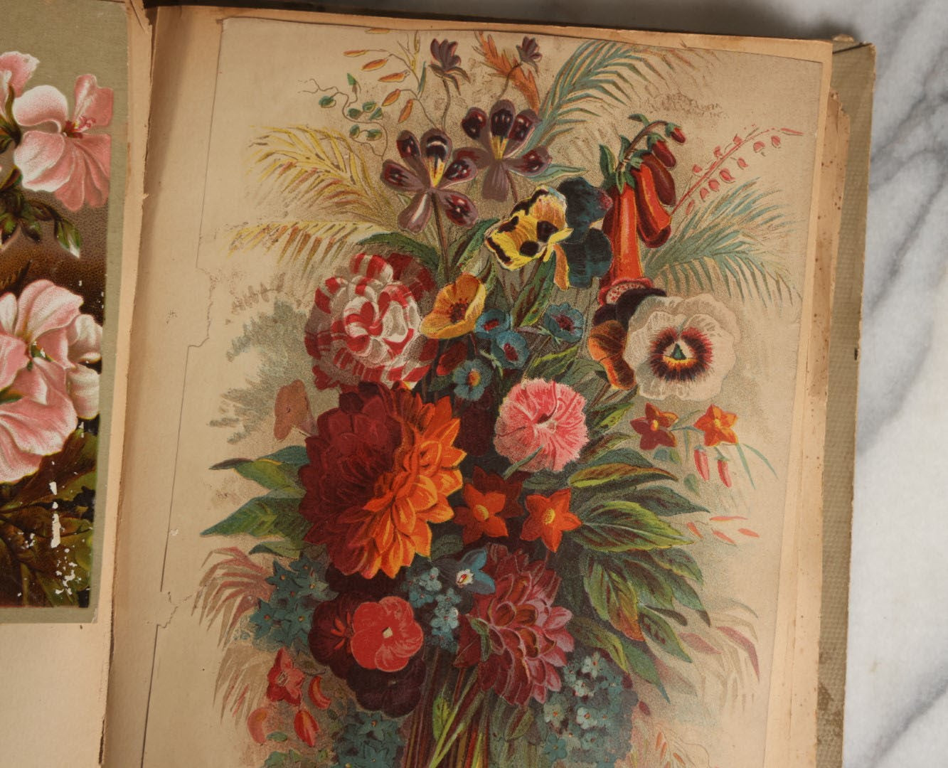 Lot 029 - Antique Victorian Trade Card Scrapbook Album With Two Girls And Puppy On Cover, Containing Many Scraps Including Rat Poison, Calling Card, Frogs, And More