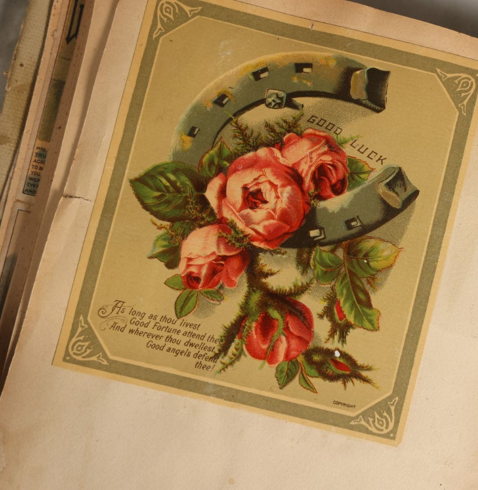 Lot 029 - Antique Victorian Trade Card Scrapbook Album With Two Girls And Puppy On Cover, Containing Many Scraps Including Rat Poison, Calling Card, Frogs, And More