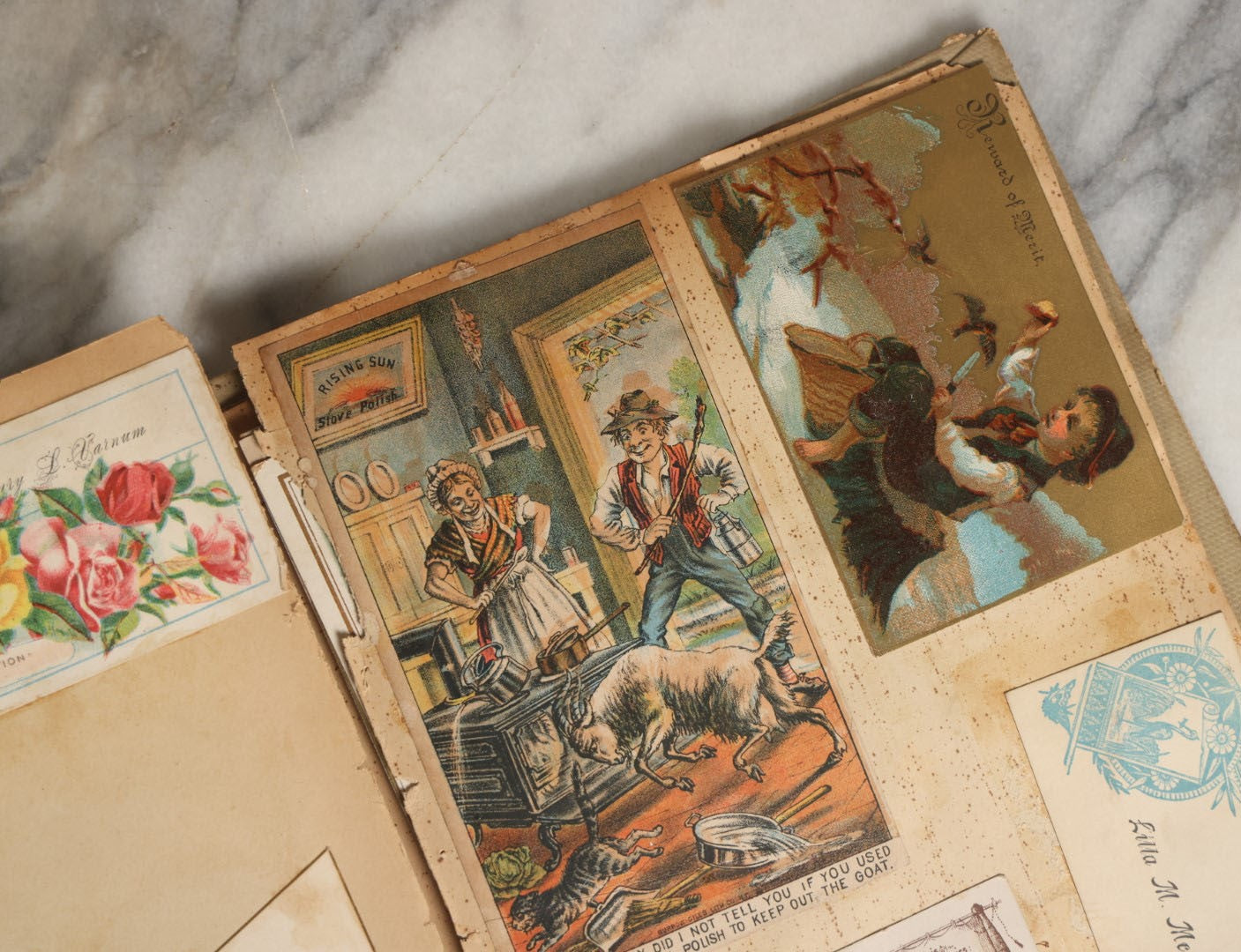 Lot 029 - Antique Victorian Trade Card Scrapbook Album With Two Girls And Puppy On Cover, Containing Many Scraps Including Rat Poison, Calling Card, Frogs, And More