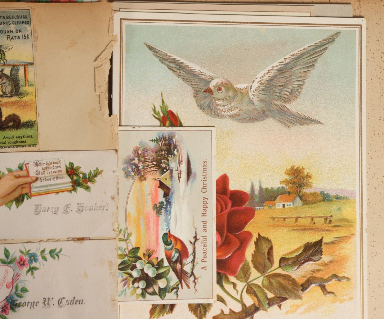 Lot 029 - Antique Victorian Trade Card Scrapbook Album With Two Girls And Puppy On Cover, Containing Many Scraps Including Rat Poison, Calling Card, Frogs, And More