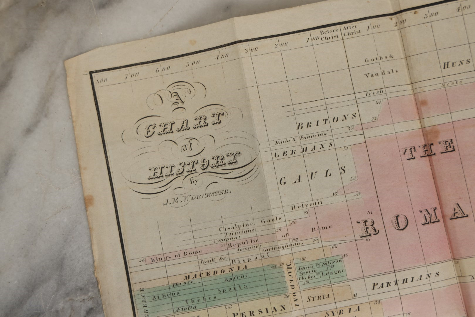 Lot 031 - "Elements Of History, Ancient And Modern, With A Chart And Tables Of History" Antique Book By J.E. Worcester, Published 1845 By William J. Reynolds, Boston, With Hand Colored Chart