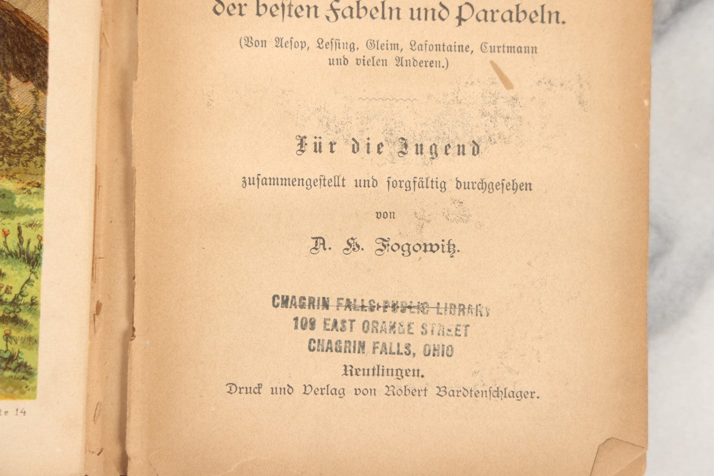 Lot 034 - "In The Realm Of Fable, A Selection Of The Best Fables And Parables (By Aesop, Lessing, Gleim, Lafontaine, Curtmann And Many Others)" Illustrated Antique German Fable Book