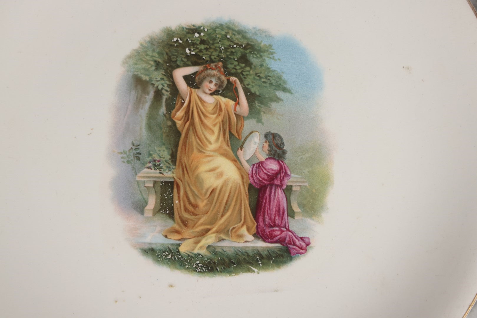 Lot 042 - Antique Austrian Decorative Porcelain Plate With Two Women In Garden, Little Girl Holding Up Mirror, By Knowles, Taylor, And Knowles Co. 