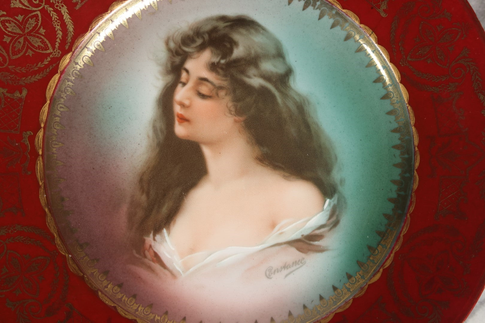 Lot 043 - Antique Austrian Decorative Porcelain Plate With Image Of Beautiful Woman, Constance, Marked M.Z., Note Chip And Hairlines