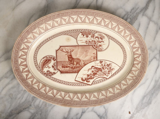 Lot 044 - Antique Warwick Transfer Ware Serving Platter, Featuring "A Wounded Stag Attacked By Two Dogs," After Edwin Landseer