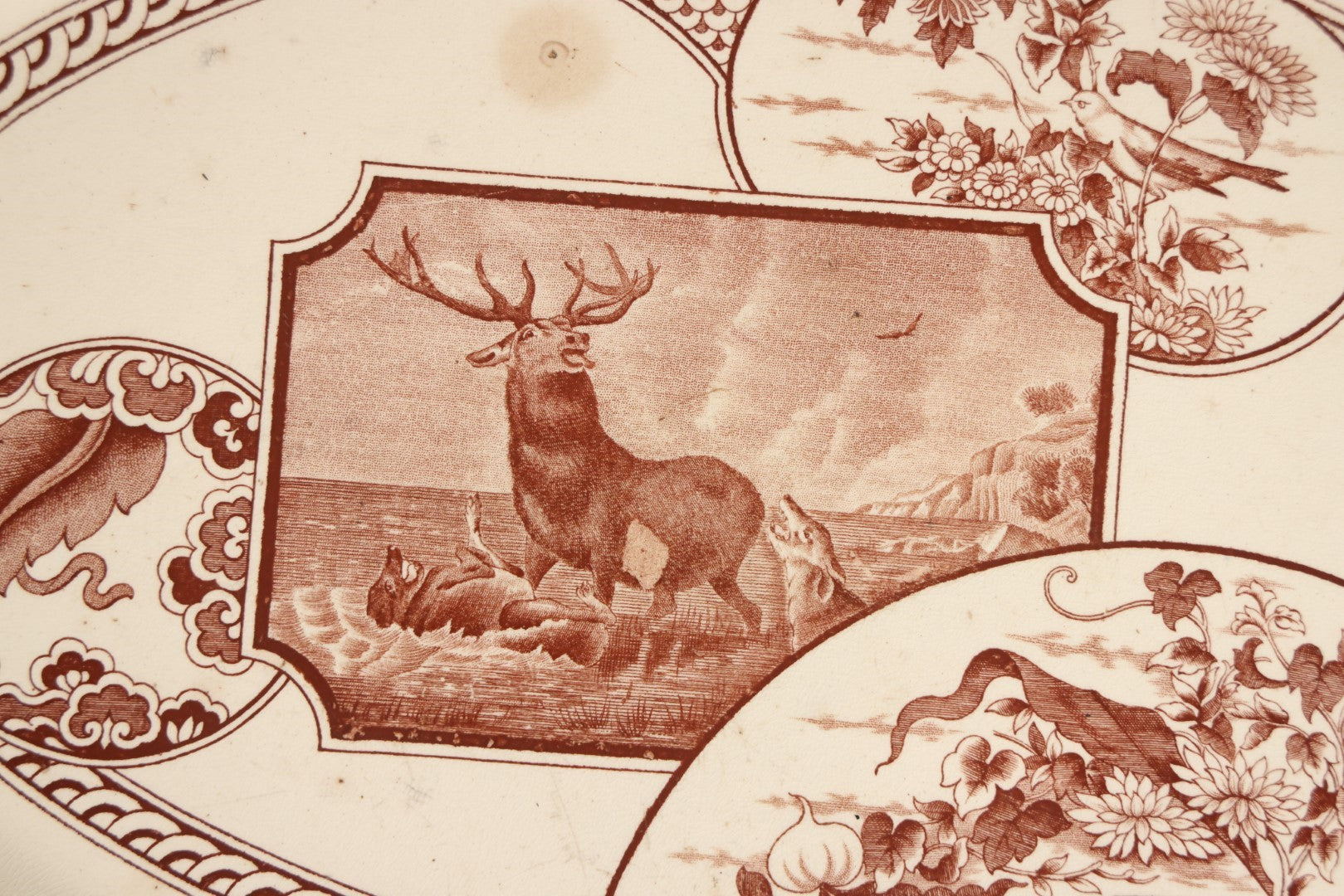 Lot 044 - Antique Warwick Transfer Ware Serving Platter, Featuring "A Wounded Stag Attacked By Two Dogs," After Edwin Landseer