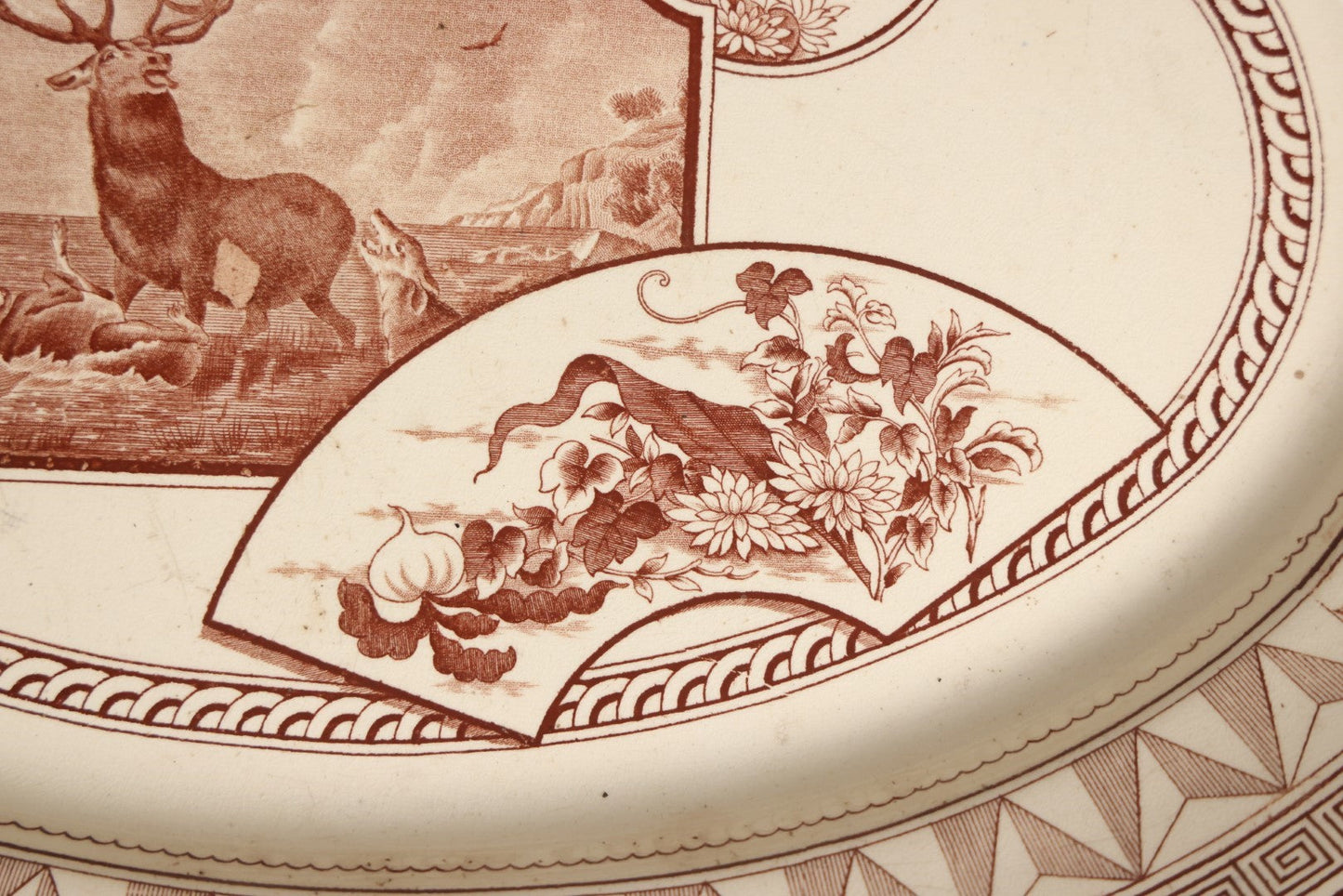 Lot 044 - Antique Warwick Transfer Ware Serving Platter, Featuring "A Wounded Stag Attacked By Two Dogs," After Edwin Landseer