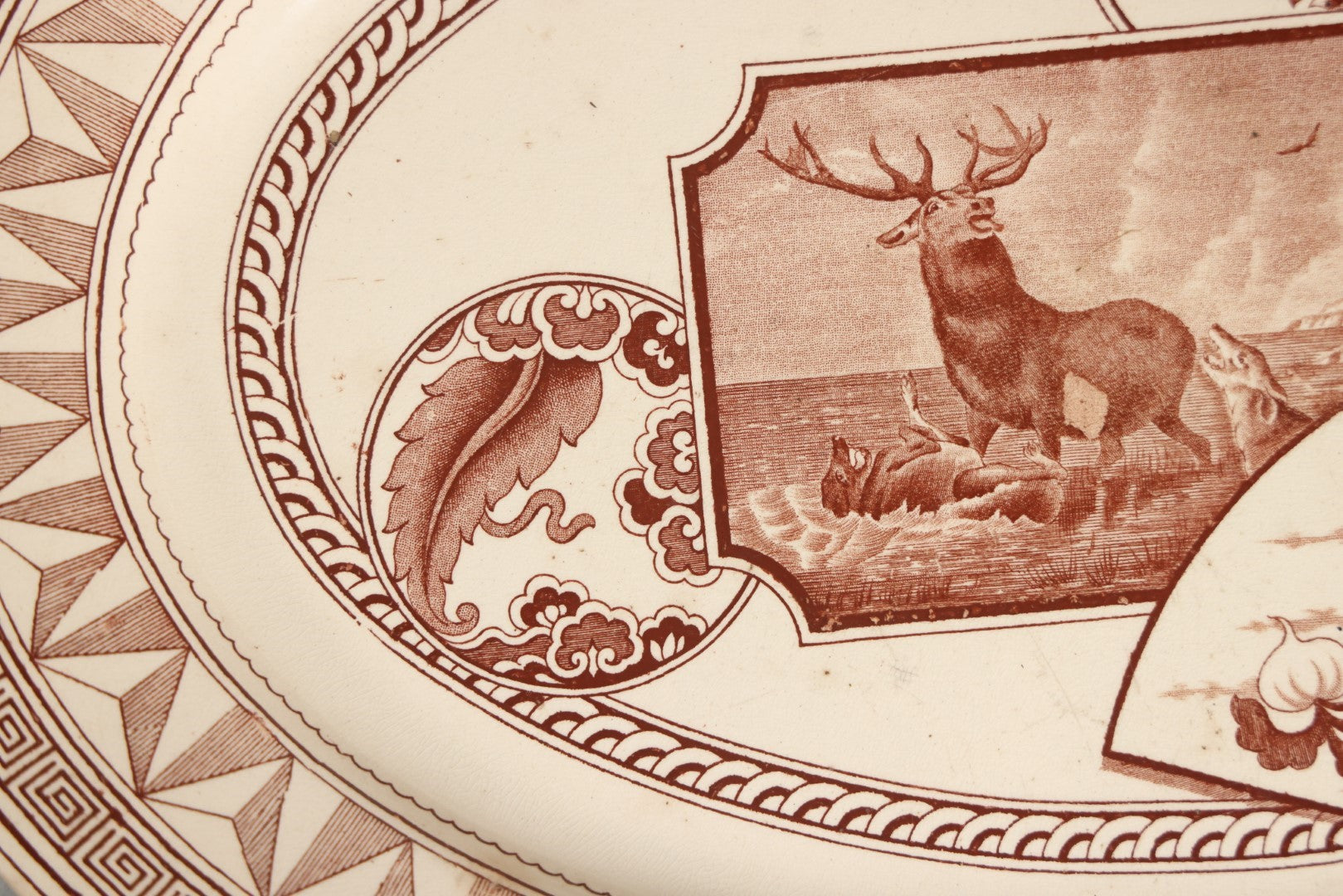 Lot 044 - Antique Warwick Transfer Ware Serving Platter, Featuring "A Wounded Stag Attacked By Two Dogs," After Edwin Landseer