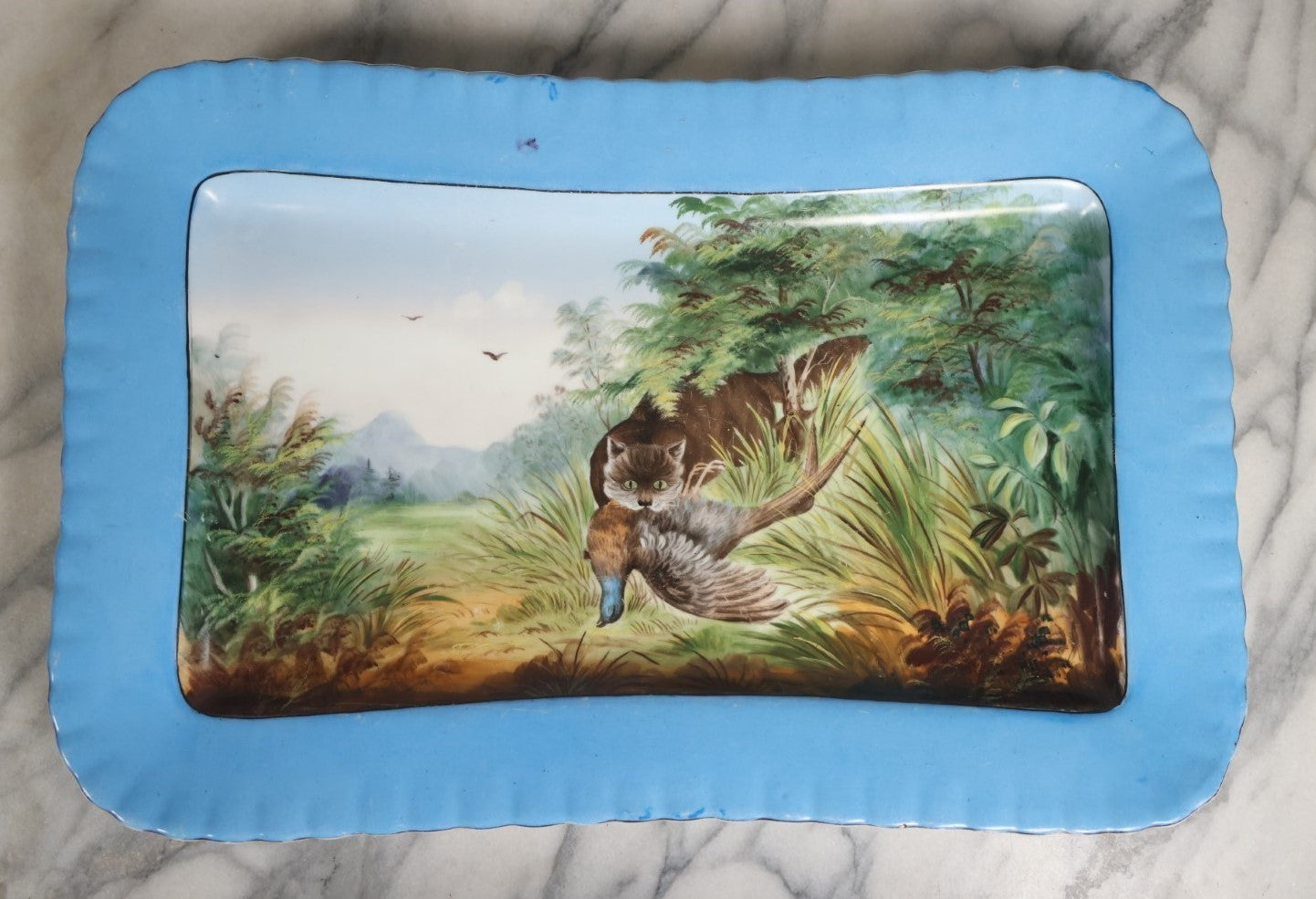 Lot 045 - Antique Hand Painted Decorative Serving Platter With A Cat Hunting A Pheasant, Unmarked