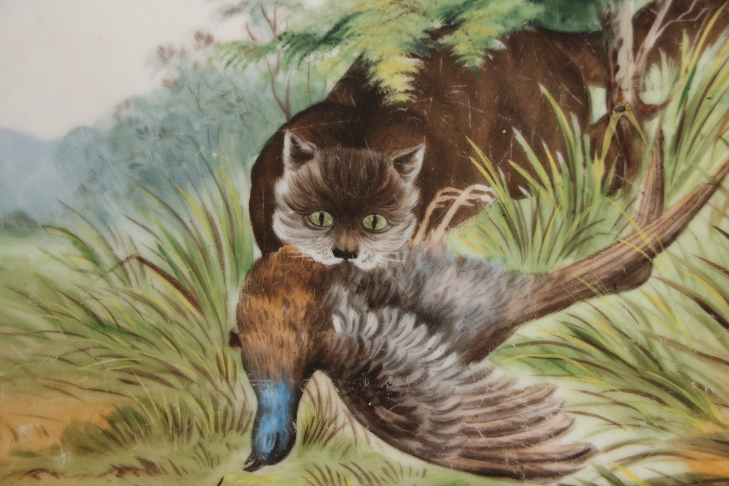 Lot 045 - Antique Hand Painted Decorative Serving Platter With A Cat Hunting A Pheasant, Unmarked