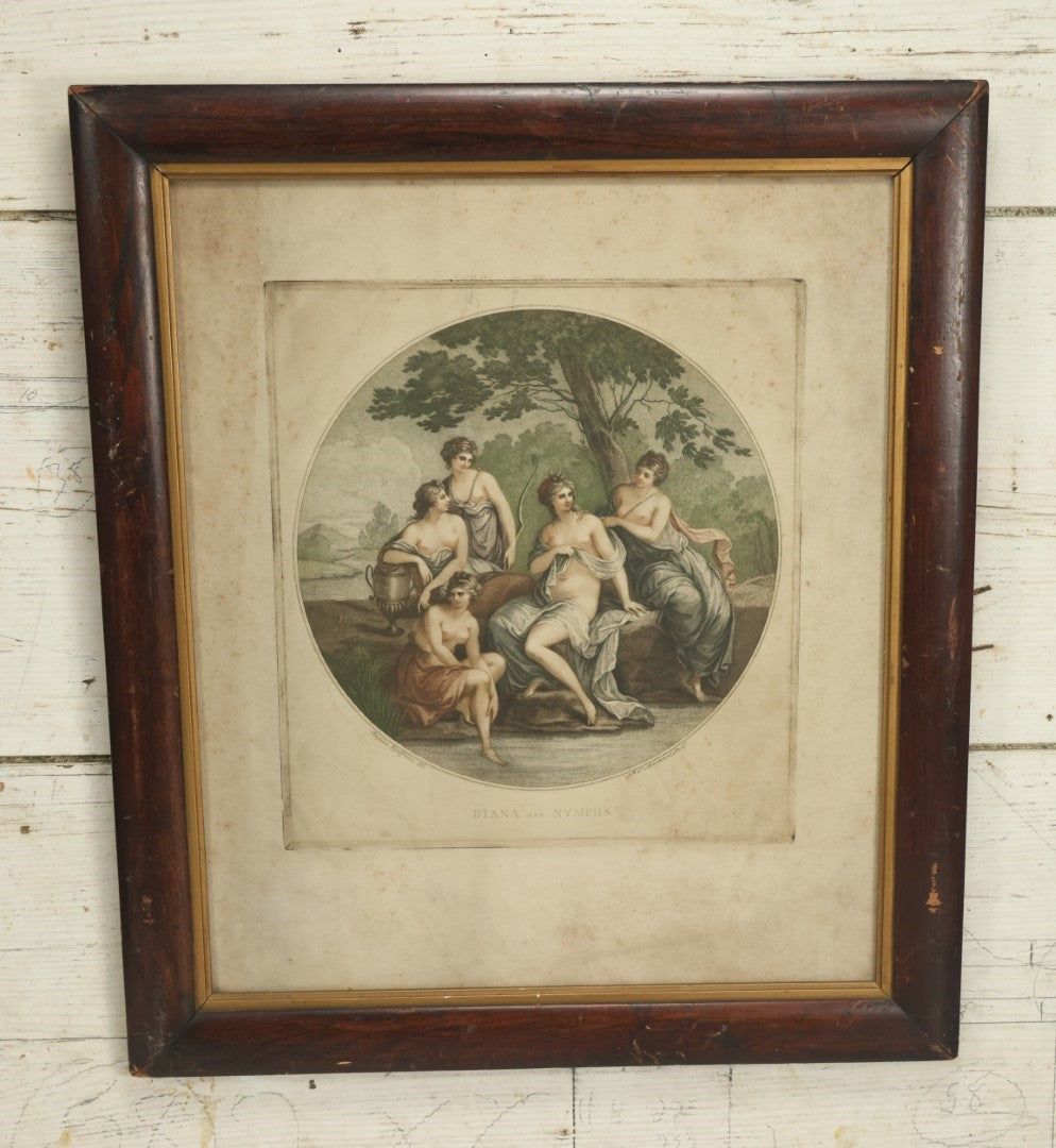 Lot 046 - Diana And Nymphs, Antique Colored Engraving By Robert Samuel Marcuard After Angelica Kauffmann, Roman Goddess Of The Hunt With Nude Nymphs, In Frame, 18-1/2" x 21-1/4"