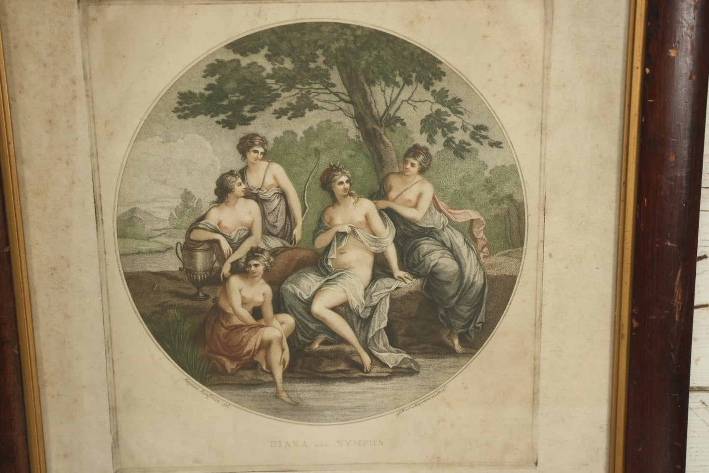 Lot 046 - Diana And Nymphs, Antique Colored Engraving By Robert Samuel Marcuard After Angelica Kauffmann, Roman Goddess Of The Hunt With Nude Nymphs, In Frame, 18-1/2" x 21-1/4"