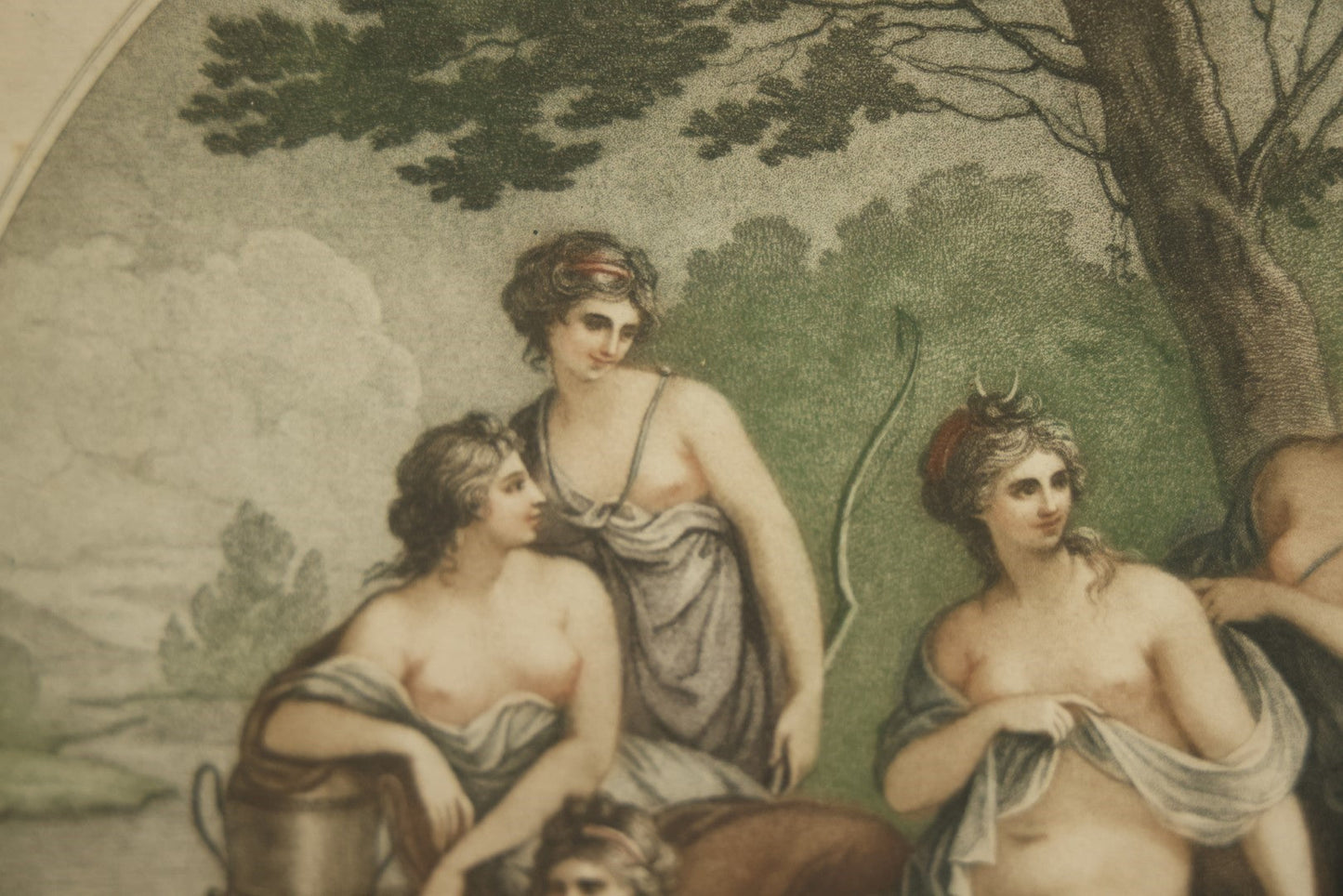 Lot 046 - Diana And Nymphs, Antique Colored Engraving By Robert Samuel Marcuard After Angelica Kauffmann, Roman Goddess Of The Hunt With Nude Nymphs, In Frame, 18-1/2" x 21-1/4"