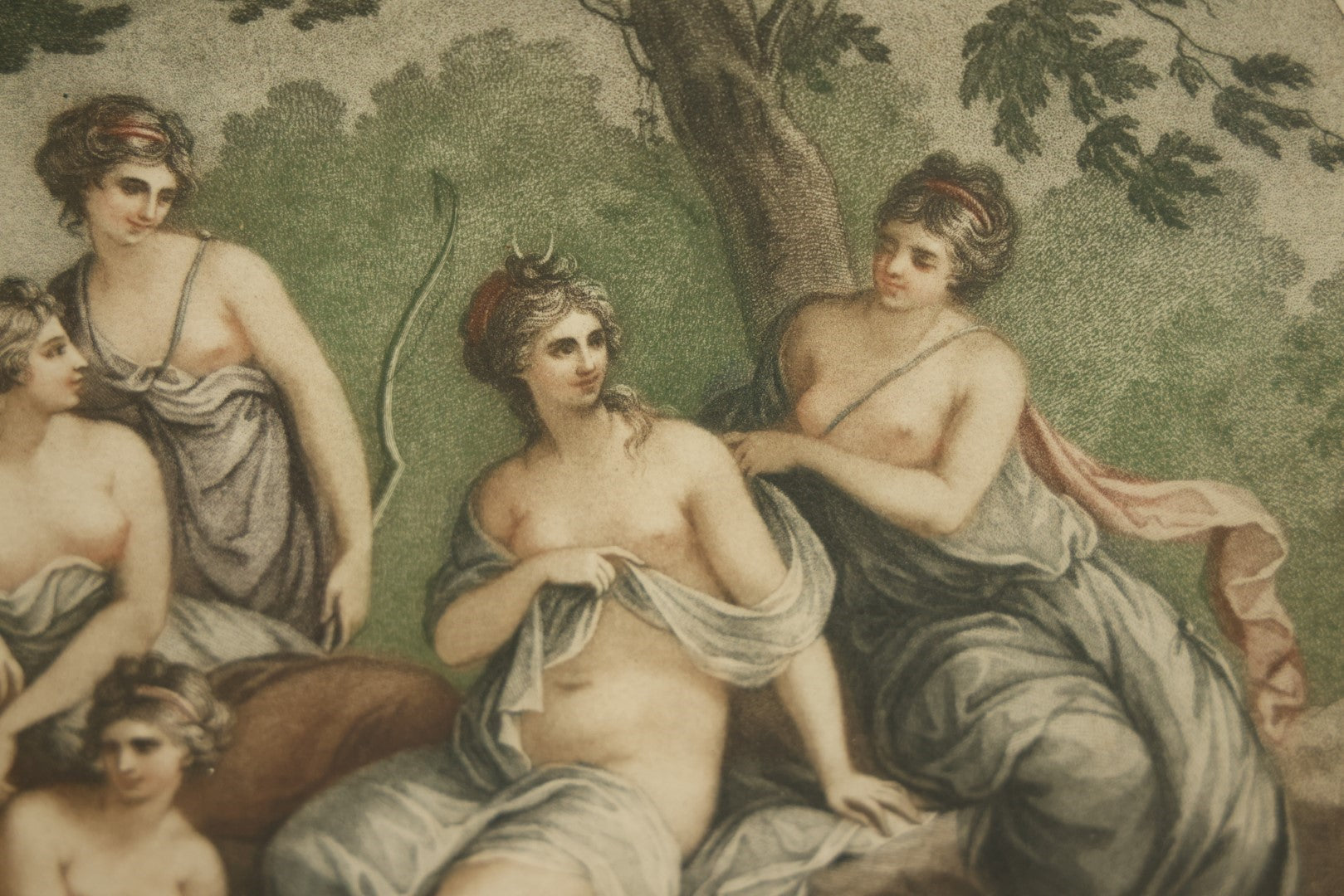 Lot 046 - Diana And Nymphs, Antique Colored Engraving By Robert Samuel Marcuard After Angelica Kauffmann, Roman Goddess Of The Hunt With Nude Nymphs, In Frame, 18-1/2" x 21-1/4"