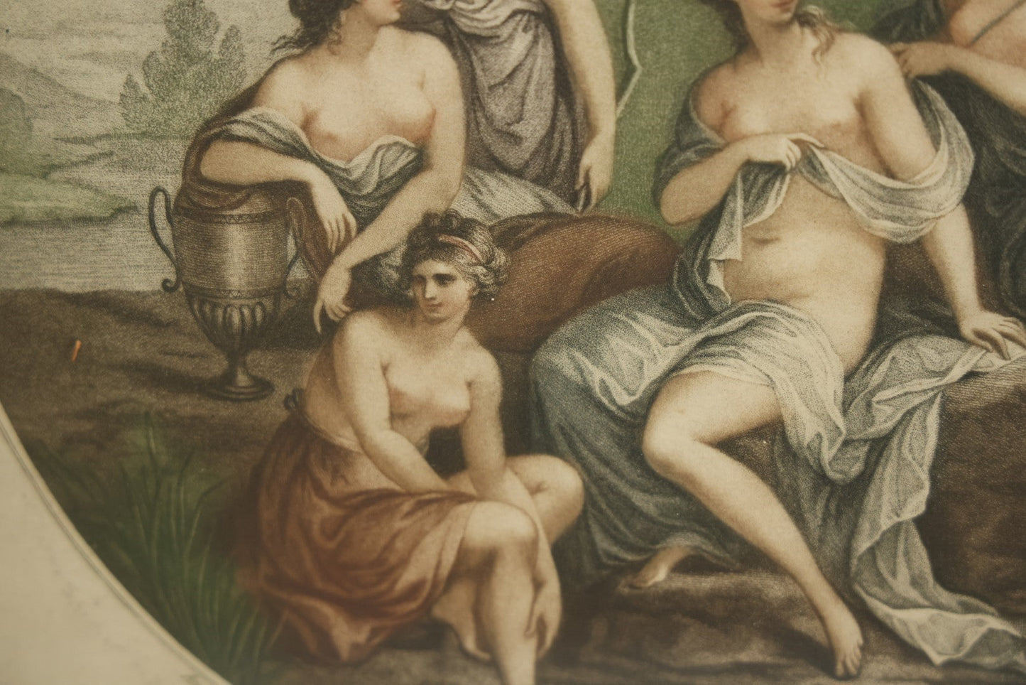 Lot 046 - Diana And Nymphs, Antique Colored Engraving By Robert Samuel Marcuard After Angelica Kauffmann, Roman Goddess Of The Hunt With Nude Nymphs, In Frame, 18-1/2" x 21-1/4"