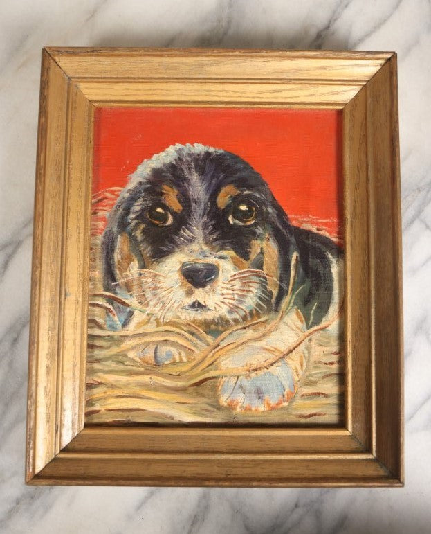 Lot 048 - Vintage Framed Hound Puppy Painting On Canvas With Red Background, In Frame, Titled "Puppy In The Straw"