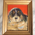Lot 048 - Vintage Framed Hound Puppy Painting On Canvas With Red Background, In Frame, Titled "Puppy In The Straw"