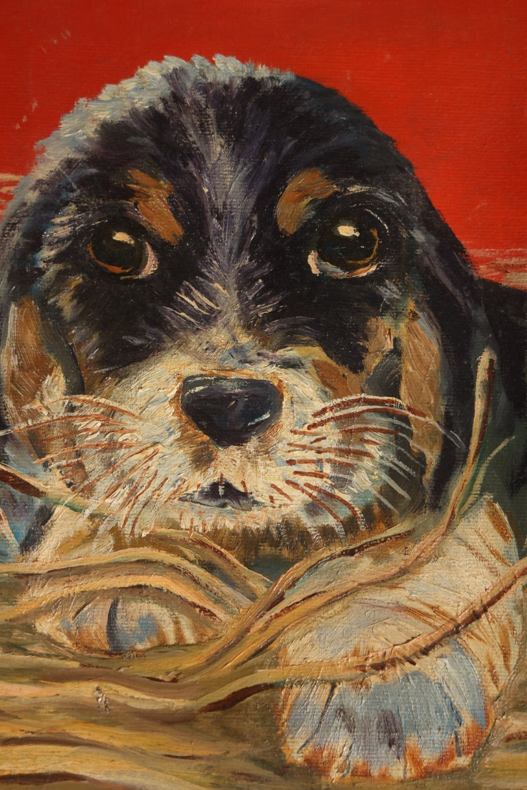 Lot 048 - Vintage Framed Hound Puppy Painting On Canvas With Red Background, In Frame, Titled "Puppy In The Straw"