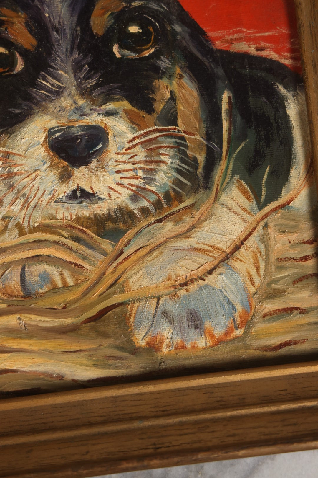 Lot 048 - Vintage Framed Hound Puppy Painting On Canvas With Red Background, In Frame, Titled "Puppy In The Straw"