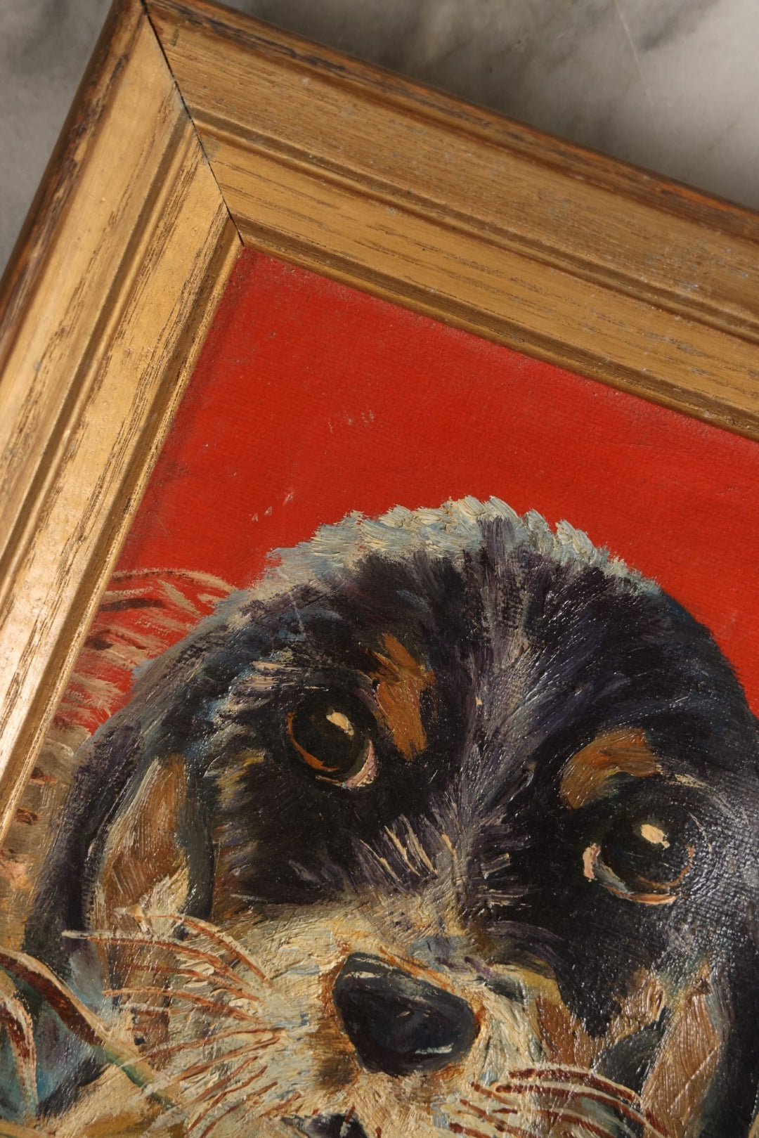 Lot 048 - Vintage Framed Hound Puppy Painting On Canvas With Red Background, In Frame, Titled "Puppy In The Straw"