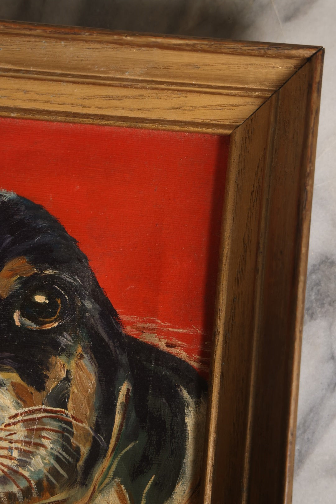 Lot 048 - Vintage Framed Hound Puppy Painting On Canvas With Red Background, In Frame, Titled "Puppy In The Straw"