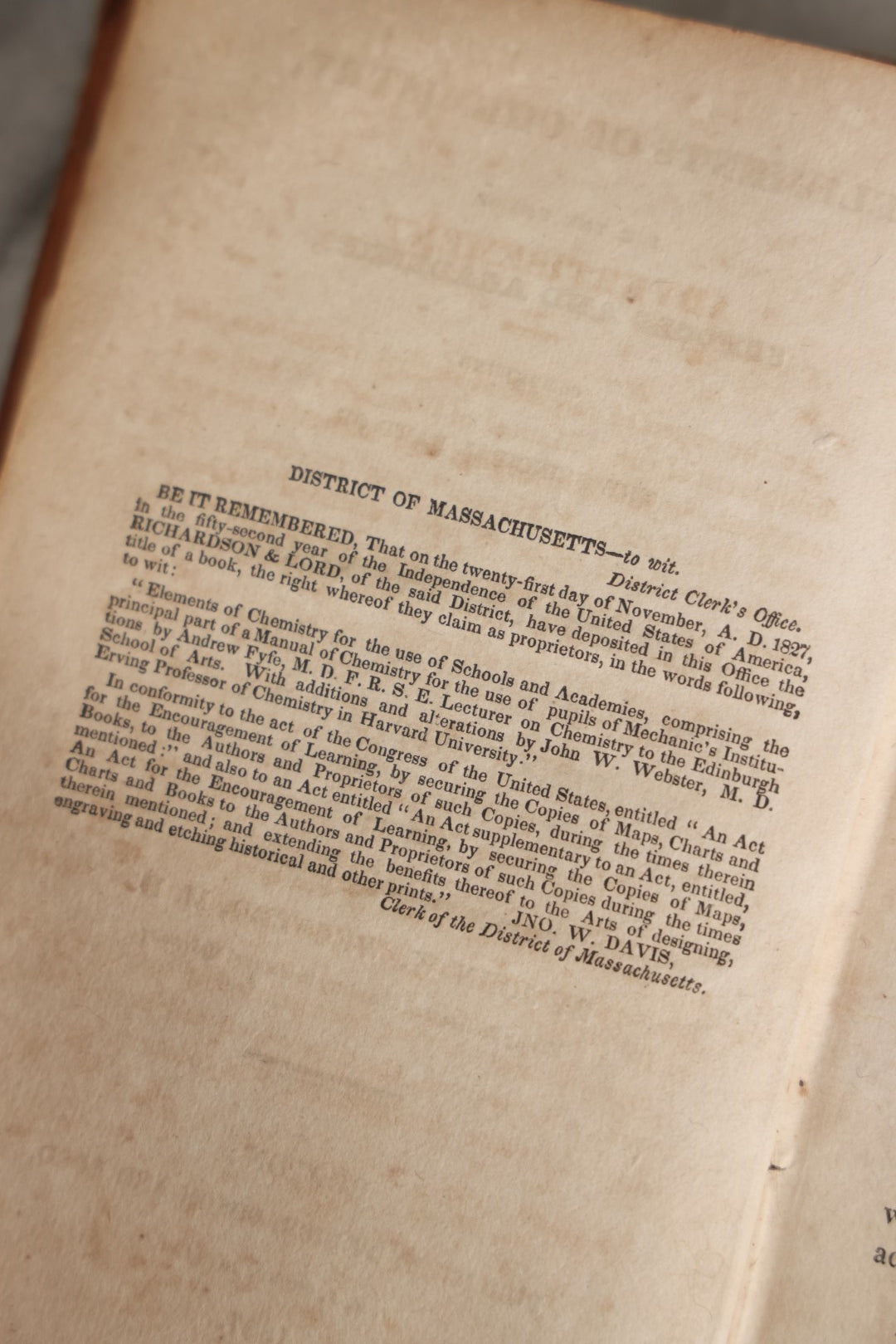 Lot 053 - "Elements Of Chemistry" By Andrew Fyfe And John W Webster, Early Antique Chemistry Book, Illustrated, Published 1827 By Richardson And Lord, Boston