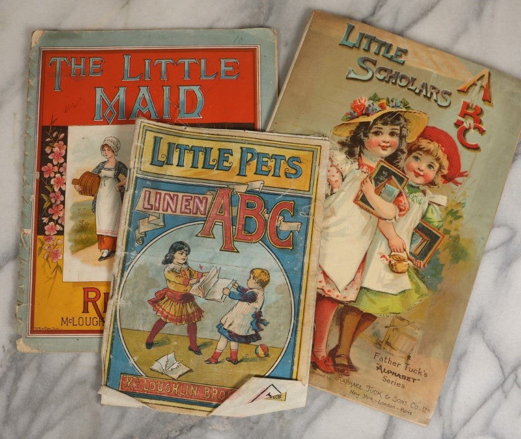 Lot 057 - Grouping Of Three Antique Illustrated Children's Paperback Books, "The Little Maid," "Little Pets Linen A.B.C." And "Little Scholars A.B.C."