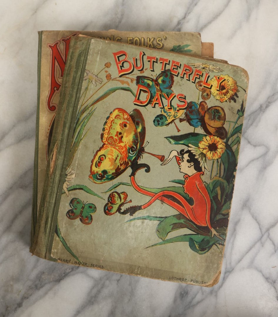 Lot 058 - Grouping Of Five Antique Illustrated Children's Hardcover Books Including Natural History, Butterfly Days, Boys Book Of Adventures, And Young America Annual, Craft Grade, Heavy Wear