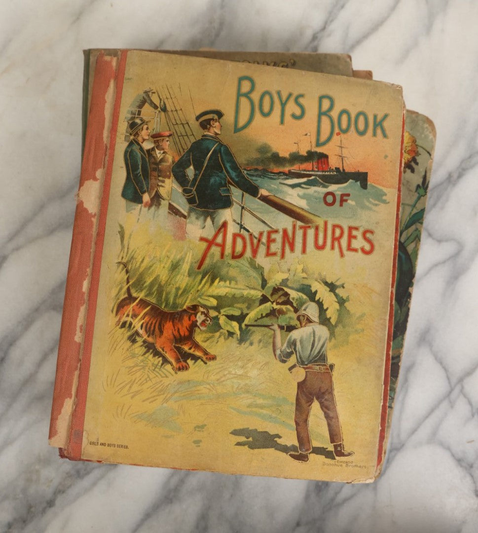 Lot 058 - Grouping Of Five Antique Illustrated Children's Hardcover Books Including Natural History, Butterfly Days, Boys Book Of Adventures, And Young America Annual, Craft Grade, Heavy Wear