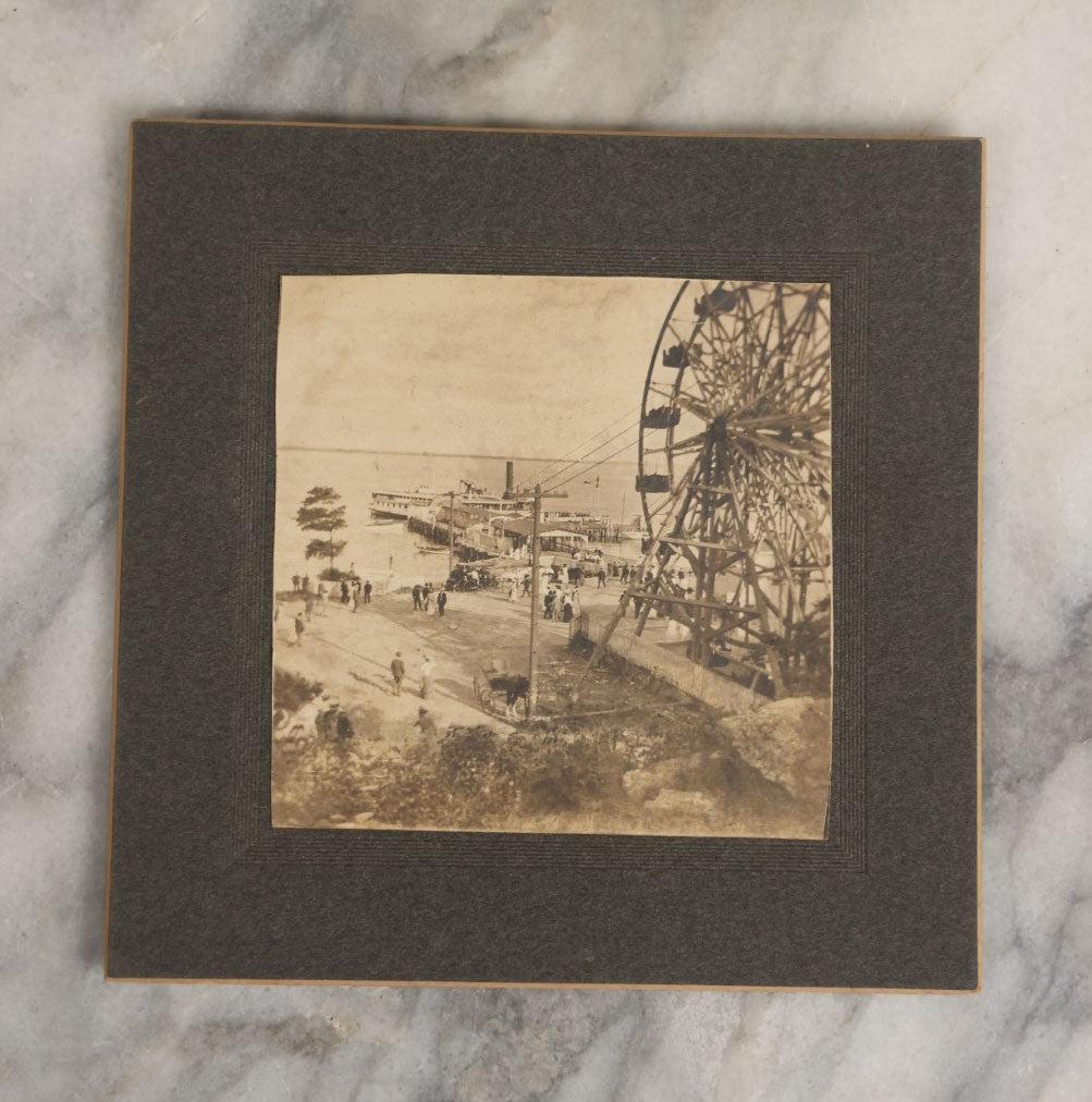 Lot 059 - Small Antique Boarded Photo Of A Boardwalk Amusement Park On The Coast With Ferris Wheel