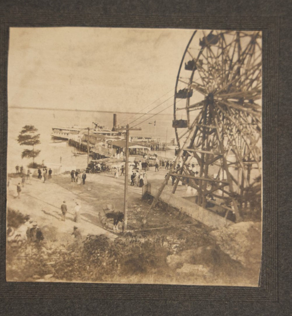 Lot 059 - Small Antique Boarded Photo Of A Boardwalk Amusement Park On The Coast With Ferris Wheel