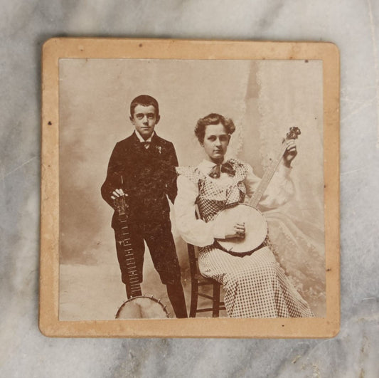 Lot 060 - Small Antique Boarded Photo Of Two Young Banjo Player Musicians, Boy And Girl, Andrew Nealey Photographer, Franklin, Massachusetts