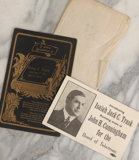 Lot 061 - Three Piece Antique Ephemera Grouping Including Henry G. Trask Memorial Death Cabinet Card, Isaiah Jack C. Trask Political Advertisement Postcard, And Pencil Sketch On Cabinet Card Folder Of Woman