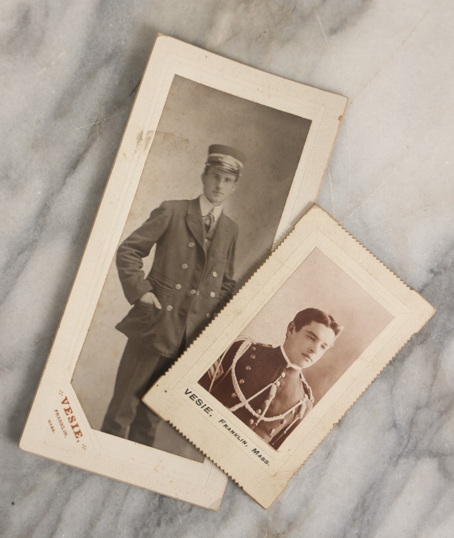 Lot 062 - Pair Of Small Antique Boarded Photos Of Men In Uniforms, Occupational Photos, Possible Military, Vesie Photographer, Franklin, Massachusetts