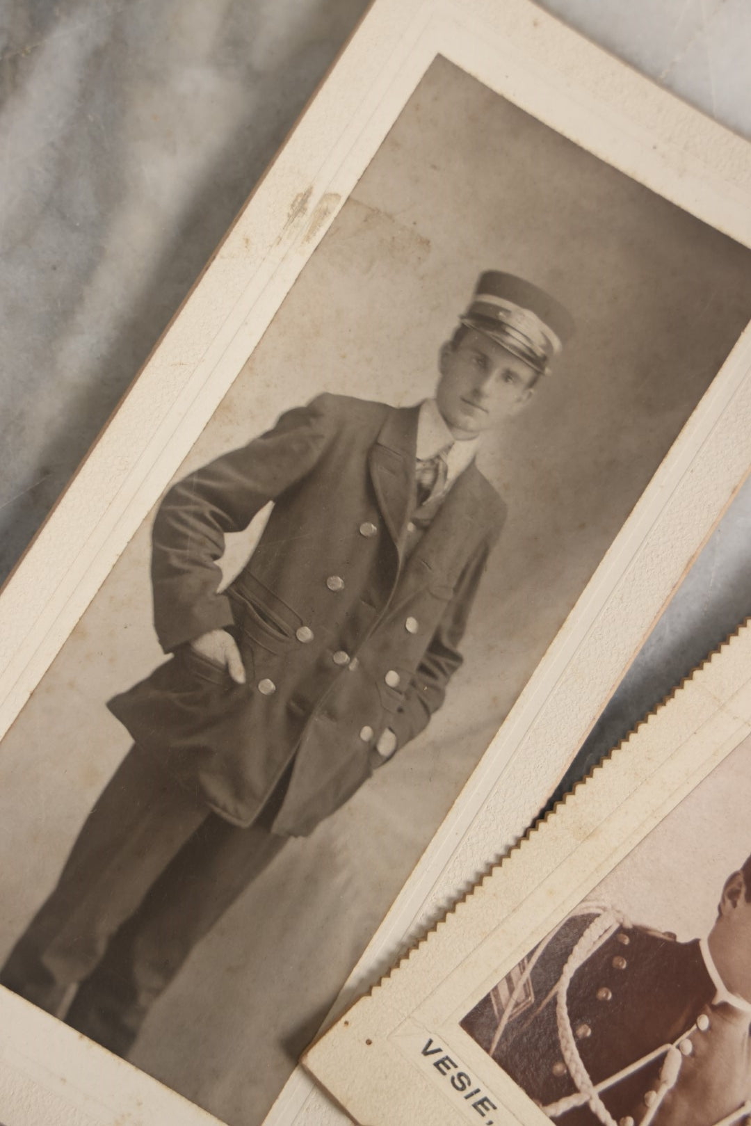 Lot 062 - Pair Of Small Antique Boarded Photos Of Men In Uniforms, Occupational Photos, Possible Military, Vesie Photographer, Franklin, Massachusetts