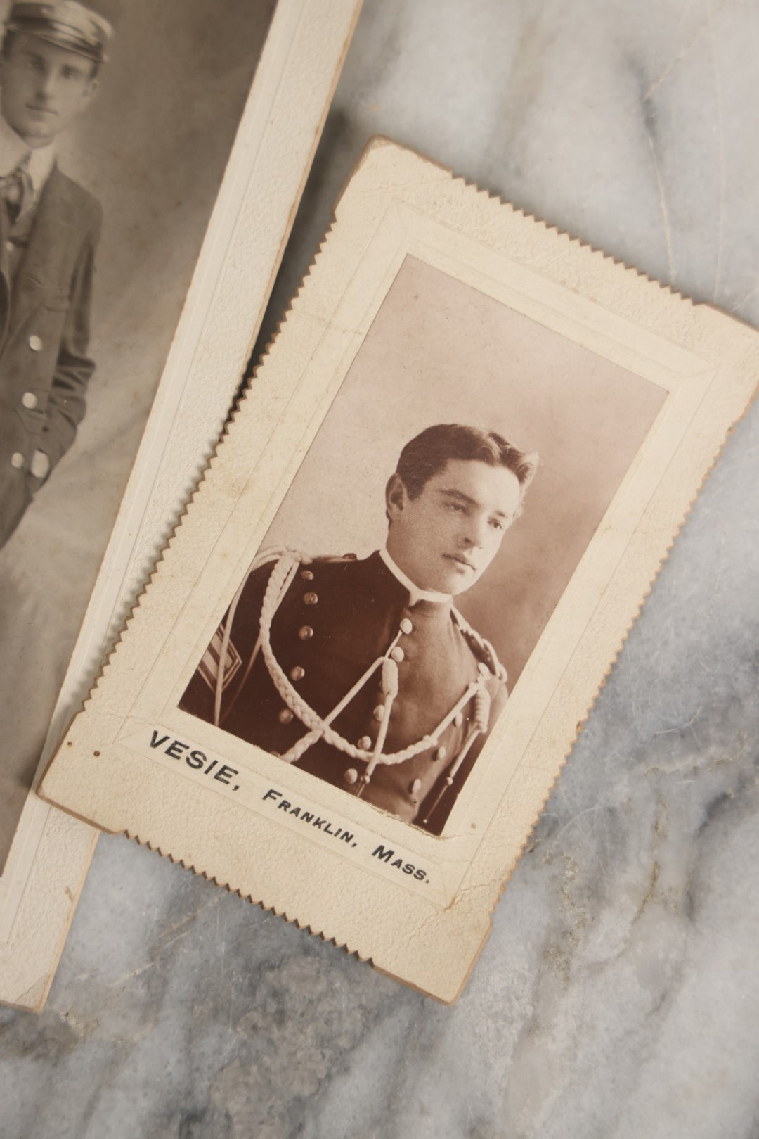 Lot 062 - Pair Of Small Antique Boarded Photos Of Men In Uniforms, Occupational Photos, Possible Military, Vesie Photographer, Franklin, Massachusetts