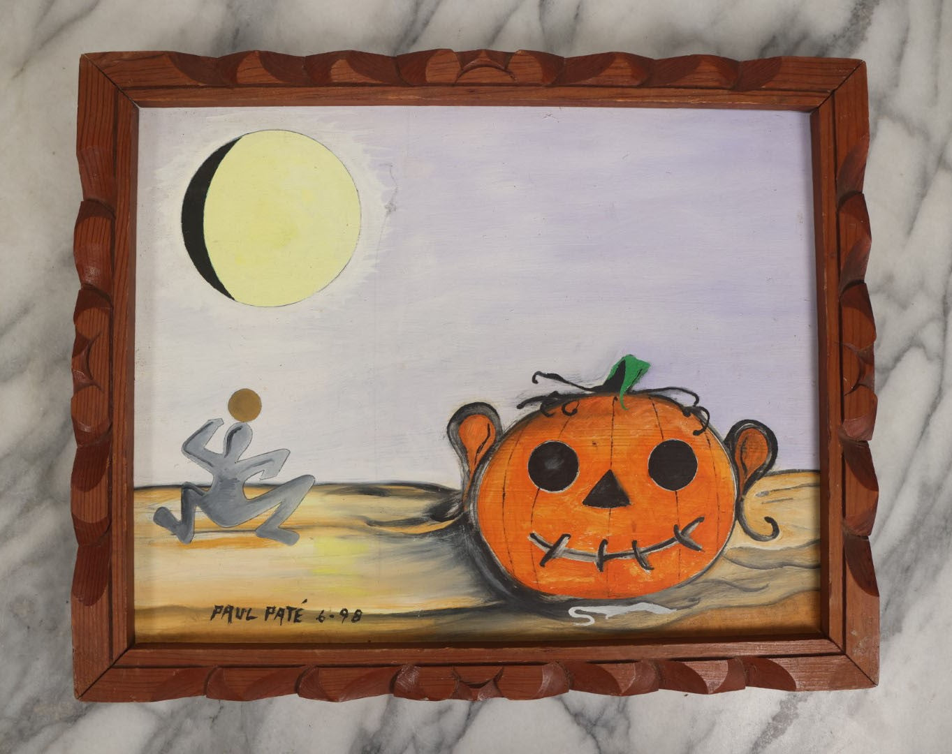 Lot 065 - Vintage Halloween Jack-O-Lantern Pumpkin Painting On Cardboard, With Yellow Moon, Signed Paul Pate, 1998