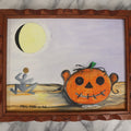 Lot 065 - Vintage Halloween Jack-O-Lantern Pumpkin Painting On Cardboard, With Yellow Moon, Signed Paul Pate, 1998