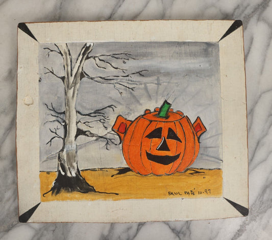 Lot 066 - Vintage Halloween Jack-O-Lantern Pumpkin Painting On Cardboard, With Dead Tree, Signed Paul Pate, 1997