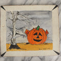 Lot 066 - Vintage Halloween Jack-O-Lantern Pumpkin Painting On Cardboard, With Dead Tree, Signed Paul Pate, 1997