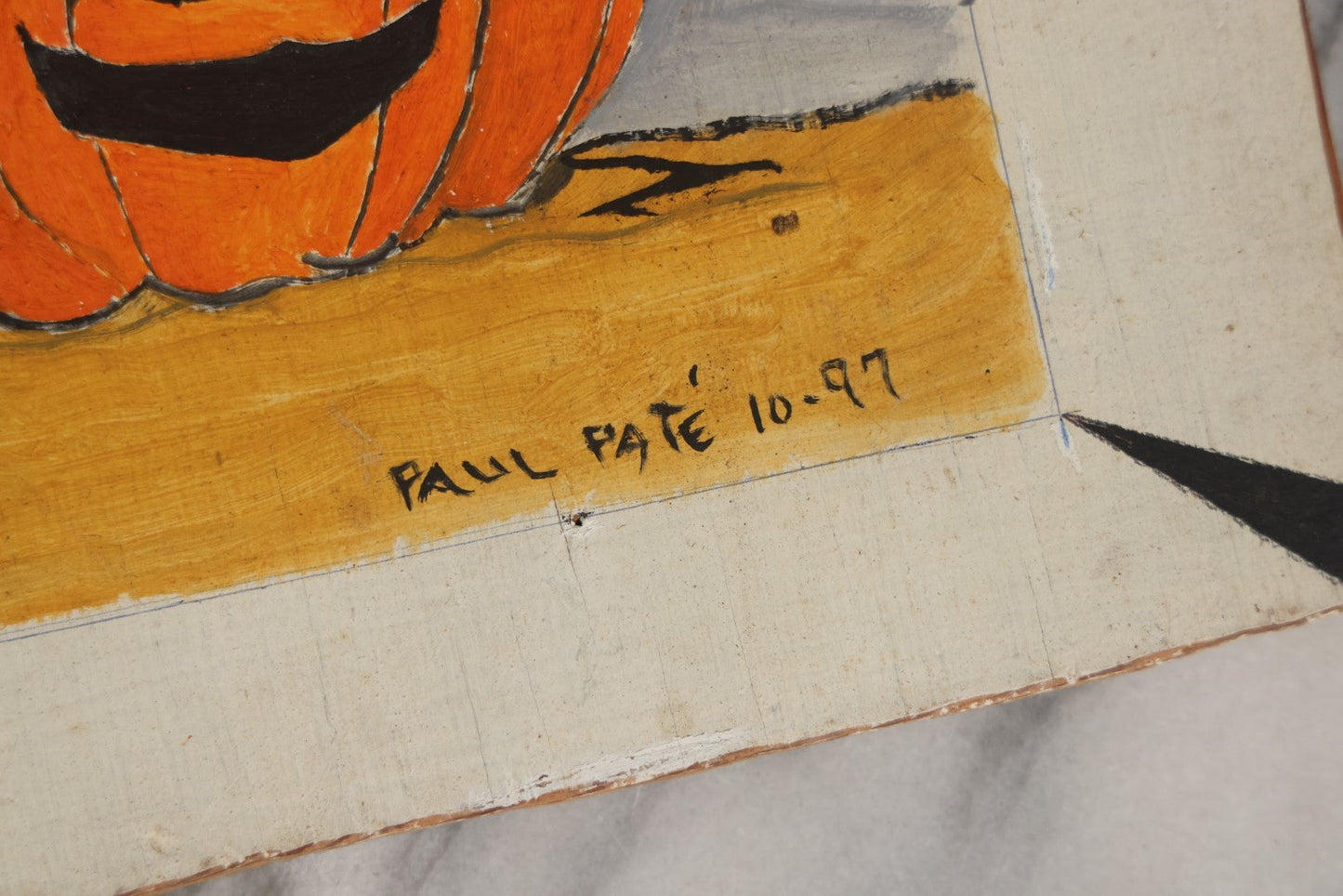 Lot 066 - Vintage Halloween Jack-O-Lantern Pumpkin Painting On Cardboard, With Dead Tree, Signed Paul Pate, 1997