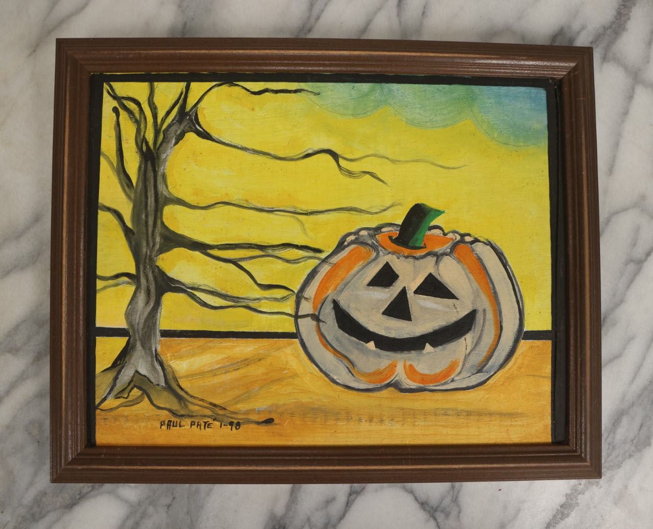 Lot 067 - Vintage Halloween Jack-O-Lantern Pumpkin Painting On Cardboard, With Dead Tree, Yellow Sky, Signed Paul Pate, 1998